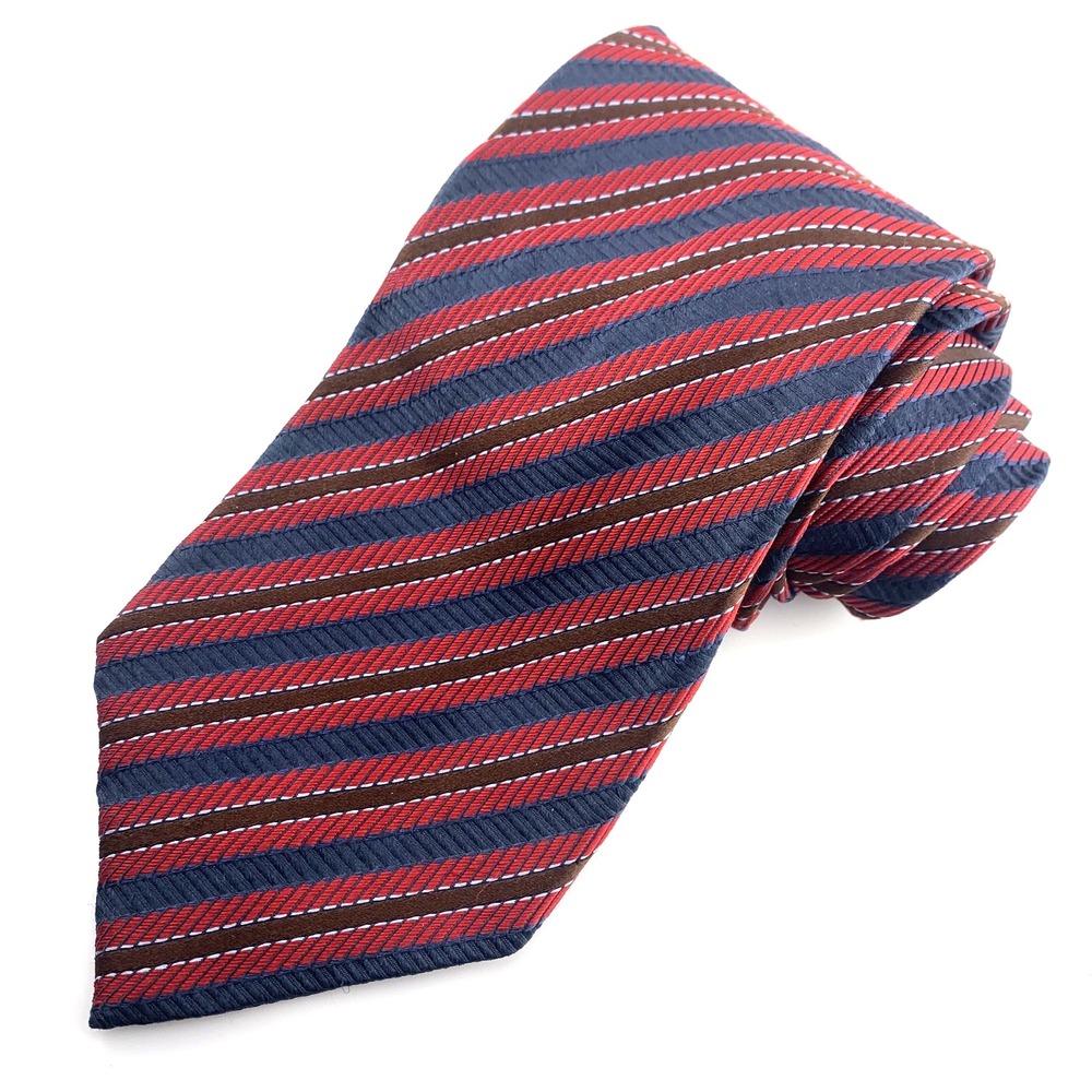 Ermenegildo Zegna Mens Tie‎ Red Navy Brown Striped Repp 100% Silk Necktie